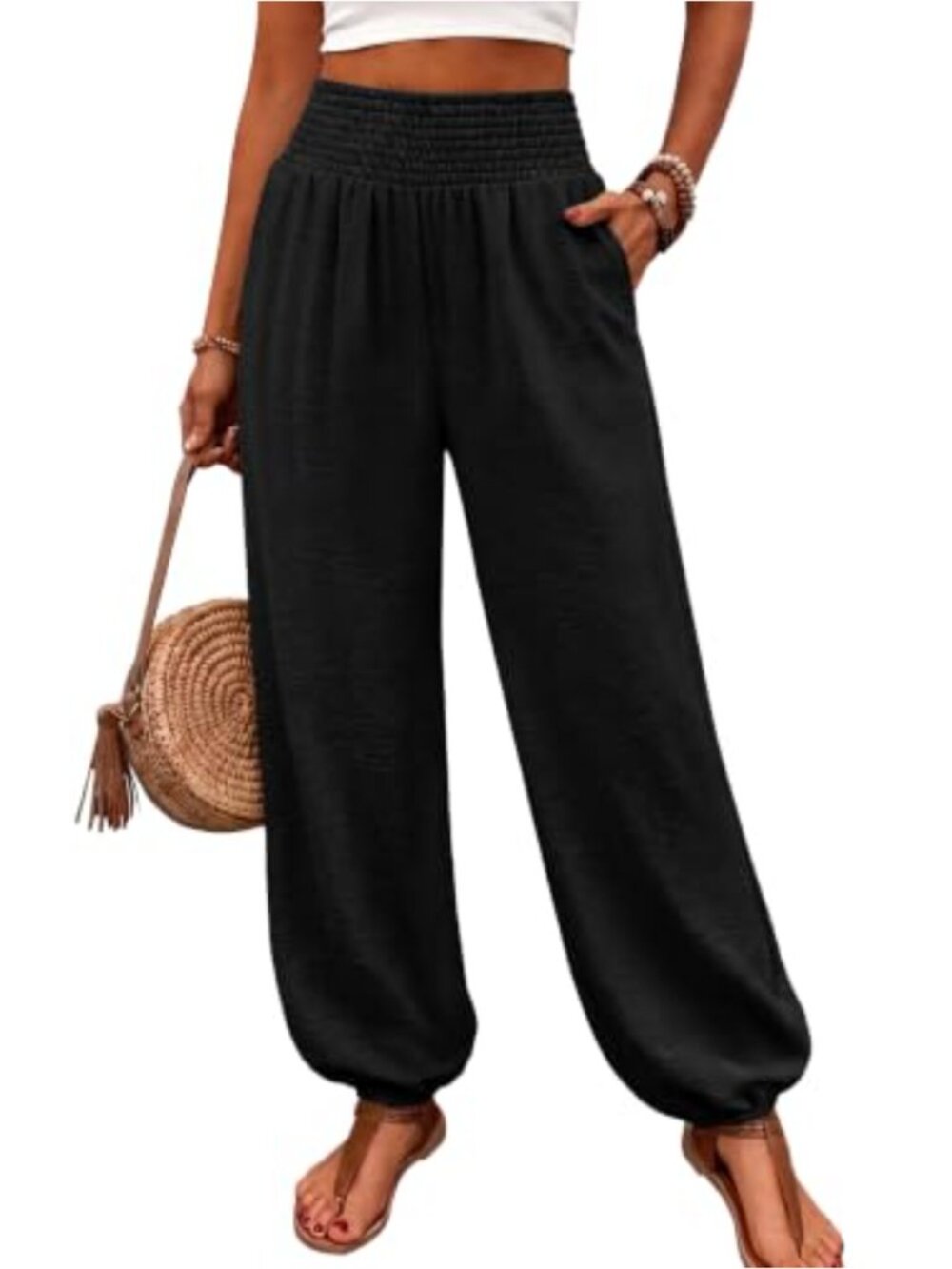 WIHOLL Smocked High Waist Harem Trousers with Pockets Women Casual